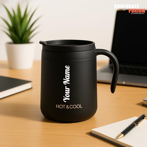 Image of CORPORATE PORIUM Customised Vacuum Insulated Travel Coffee Mug with Lid Keeps Cold for 14 Hours and hot for 8 Hours Hustle-Free Lock System Stainless Steel 350ml-Dark Black | Leak Proof| Thermos Mug