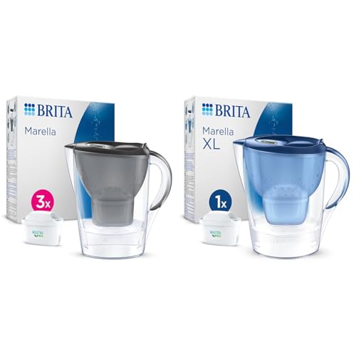 BRITA Marella Water Filter Jug Starter Pack - Graphite (2.4L) incl. 3x MAXTRA PRO All-in-1 cartridge & Marella XL Water Filter Jug Blue (3.5L) incl. 1x MAXTRA PRO All-in-1 cartridge