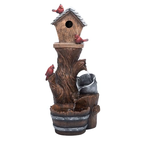 Alpine Corporation ZEN882 Outdoor 32" Barrel and Cardinal Birdhouse Fountain,