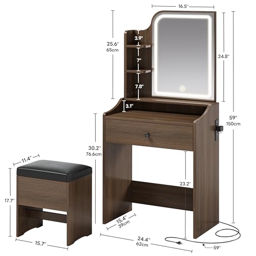 Image of LIKIMIO Small Vanity Desk with Mirror Lights and Storage Stool | Walnut compact vanity with 3 light modes, charging station, storage drawer, 3 shelves and upholstered stool