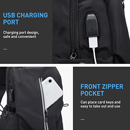 Image of SEAFEW Small Black Tactical Sling Crossbody Backpack Shoulder Bag for Men Women, Lightweight One Strap Backpack Sling Bag Backpack for Hiking Walking Biking Travel Cycling USB Charger Port-Nylon,