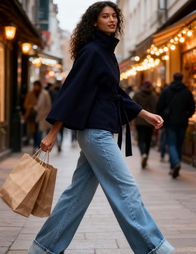 Hooever Women Batwing Sleeve Ponchos Pea Coat Wool Bland Stand Collar Jacket Winter Cropped Overcoat3