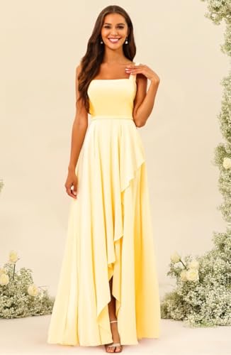 Image of Elegant Chiffon Bridesmaid Dresses with Slit 2025 Square Neck Formal Evening Dress with Pockets TM149