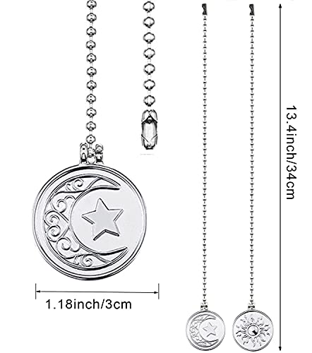 Image of Ceiling Fan Pull Chain Sun Moon Pattern,2 Pcs 12 Inch Beaded Ball Pull Chain Extender Decorative With Connector, Newst Style Fan Light Pendant Extension Decor,Silver