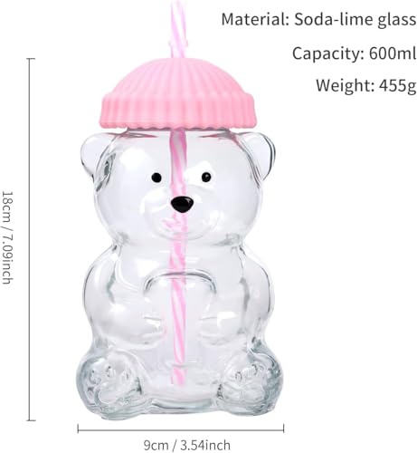 Image of New Glass Bear Straw Cup 600ML Cute Bear Glass Tumbler with Reusable Straw - Viral Animal Design for Smoothies, Boba & Iced Coffee (Pink)