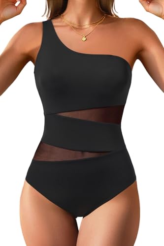 Tempt Me Women One Shoulder One Piece Swimsuits Full Coverage Cutout Mesh Sexy Bathing Suits Tummy Control Swimwear - Main Image