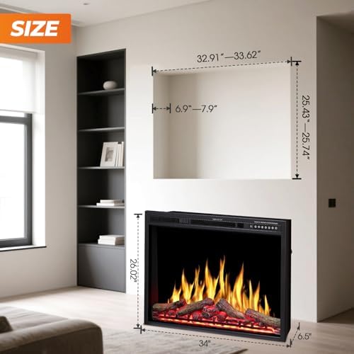 34" Electric Fireplace Insert, Adjustable Changeable Flame & Log Colors, Variable Flame Speed & Brightness, Remote Control, 750W/1500W, 34"x26" Size - Thumbnail 2