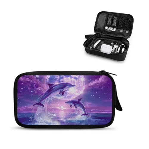 Sepetwhos Purple Moonlight Dolphin Print Storage Pouch - Earphone, Cable Organizer, Power Bank & Data Cables Storage, Headset Organizing Multipurpose Bags