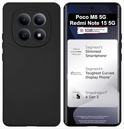 Image of SBMS Silicone Back Cover Case for Redmi Note 15 5G / Poco M8 5G | Soft Micro-Fibre Lining Inside | Camera Protection Bump | Shockproof Back Cover Case for Poco M8 5G (Candy Cloth Black)