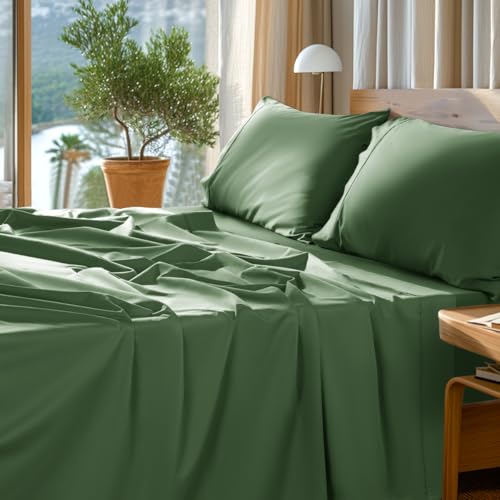 Image of SONORO KATE 1000 Series 100% Egyptian Cotton King Sheet Set,4 Pieces | Soft,Breathable Long Staple,Sateen Weave,Luxury 5-Star Hotel Bed Sheets,16 inch Deep Pocket,Olive Green