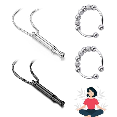 HQRKOTM 2 PCS Outils D'aide, Collier de Respiration Anti Tabac et Anti-Anxiété avec 2 Anneaux (Noir et Acier)