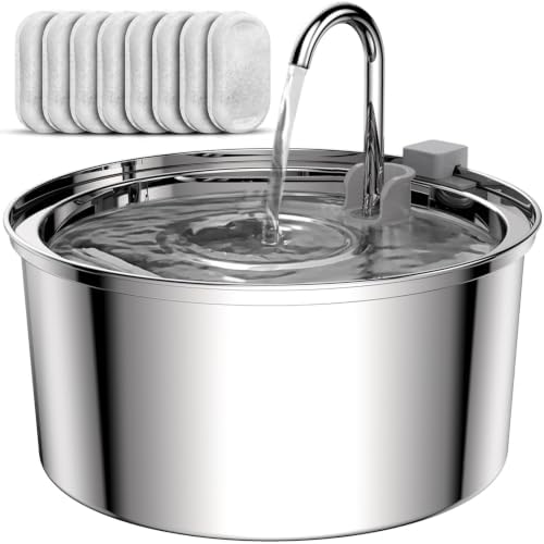 Tomxcute Cat Water Fountain Stainless Steel with 8 Filters, 108oz/3.2L