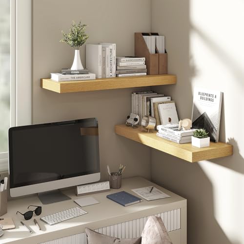 Image of Dreamland 30 Inch Floating Shelves for Wall,8 Inch Deep Floating Shelves,30 inch W x 8 inch D Wall Shelves for Bedroom,Living Room, Kitchen,Bathroom,Oak Color,Set of 2