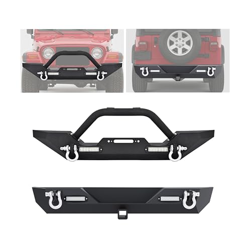 ALMULOO Front & Rear Bumper Kit Compatible With 1987-2006 Jeep Wrangler TJ YJ w/4 x LED Lights & D rings & 2