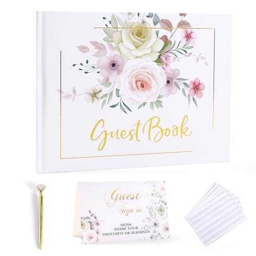 Wedding Guest Book, Guest Book Weddings Reception, Guest Book for Wedding Includes Golden Pen Foldable Table Sign and Photo Corners, Elegant Guestbook with 120 Pages Blank and Lined Thick Paper