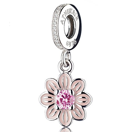 ATHENAIE 925 Sterling Silver Romantic Pink Enamel Poetic Bloom Pendants with CZ Birthstone Dangle Charm Beads