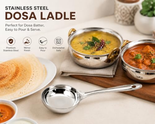 Image of Stainless Steel Dosa Ladle Set (2 Pcs) - Serving Spoon | Heavy Gauge Steel Curry, Sambar & Soup Ladle | Mirror Finish, Dishwasher Safe