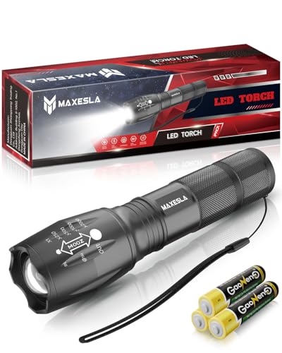 Maxesla Linterna LED 2000 Lúmenes, con Zoom, Linterna LED Superbrillante, Potente Batería, Resistente al Agua, Mini Linterna Táctica, Camping al Aire Libre, 3 Pilas AAA
