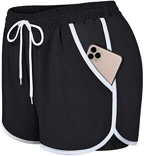 Blevonh Womens Cozy Banded Waist Running Fitness Workout Shorts with Pockets S-XXXL Black