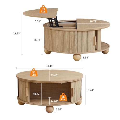 Image of Fluted Round Lift Top Coffee Table with Storage, Boho Circle Coffee Table | 33.5 inch Modern Lift Top Coffee Table with Sliding Door & Solid Wood Legs, Circle Round Center Table for Living Room