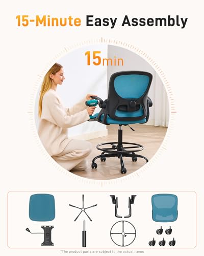 Image of LukkDys Drafting Chair with 4D Multi-Adjustable Backrest, Tall Office Chair 19.7 inch-27.6 inch Seat Height, Ergonomic Standing Desk Chair with Flip-up Arms, Foot Ring, Blue&Black