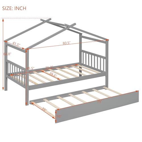 Image of Twin Size Creativity House Bed with Roof Frame and Twin Size Trundle, Montessori Wooden Platform Bed with Sturdy Slats Support for Kids Teens Girls Boys, No Box Spring Needed (Gray-02, Twin)