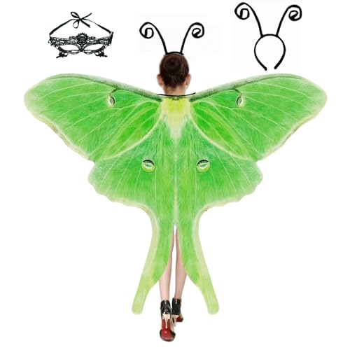 Halloween Butterfly Wings Costume for Womens, Moth Wings Butterfly Cape Adult Costume with Mask & Headband(3pcs) Green Moth