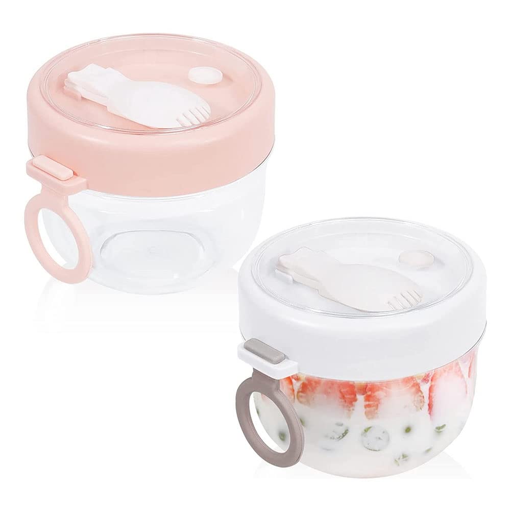 shanpu Overnight Oat Containers with Lid and Spoons 2PCS, 20Oz Portable Plastic Yogurt Jars,Leak-Proof Dessert Cups White&Pink