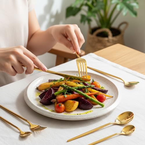 Image of 20 Pcs Gold Slim Handle Stainless Steel Cutlery Set for Dining Table with Spoons and Forks Set + Butterknives - The Perfect Tableware /Flatware