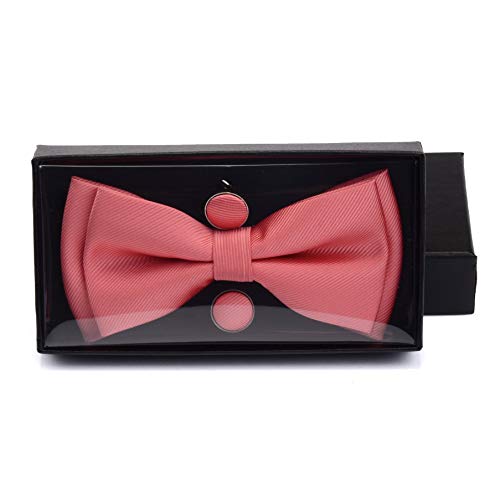 Image of GUSLESON Mens Solid Color Two Layer Pre-tied Bow Tie and Pocket Square Cufflink Set with Gift Box
