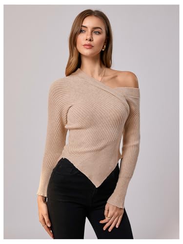 Image of MakeMeChic Women's Off The Shoulder Long Sleeve Sweater Asymmetrical Wrap Lightweight Pullover Top