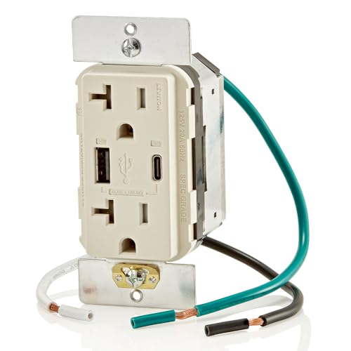 Image of Leviton T5834-T 60W (20V@2.5A+ 5V@2A) USB Dual Type A /Type-C Power Delivery in-Wall Charger with 20A Tamper-Resistant Outlet, USB Charger for Smartphones, Tablets, Laptops, Light Almond
