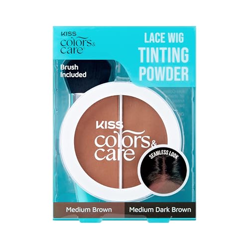 Kiss Colors & Care Lace Wig Tinting Powder & Brush 2 Brown Shades Oil Control Formula Matte Finish Vegan Cruelty Free Hyaluronic Acid & Coconut Extract Infused 8g (0.28 oz.) - Dark Duo