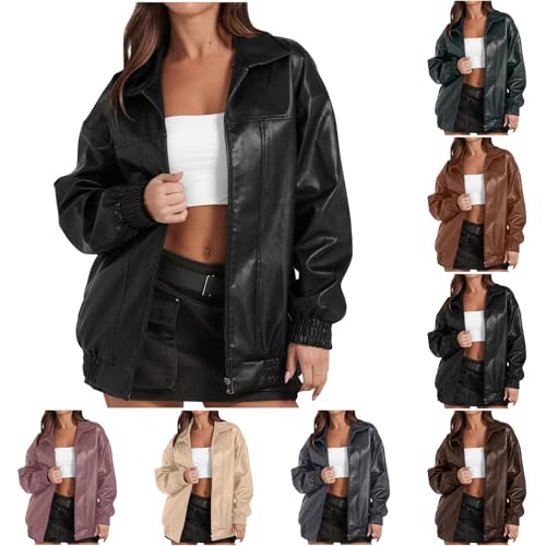 Faux Leather Jacket for Women Lapel Oversized Motorcycle Jacket Zip Up Bomber Coats Winter Fashion 2025 Fall Outfits