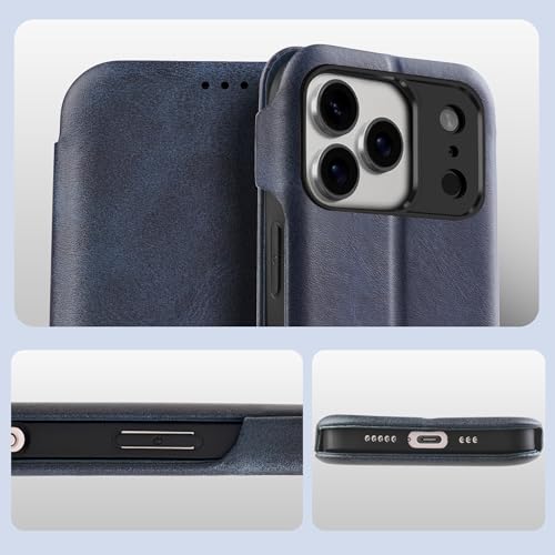 Image of PULOKA Premium Leather Flip Cover Compatible with iPhone 17 Pro Max - Slim Magnetic Lock Wallet Case with Card Slot, Shockproof TPU Inner, Full Body Protection & Raised Camera Guard (Blue)