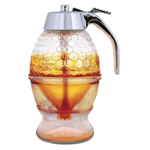 Hunnibi No Drip Glass Honey Dispenser - Beautiful Honeycomb Shaped Pot and Maple Syrup Dispenser - Great Bee Decor and Stand - Honey Jar