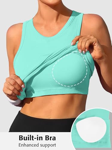 Image of ATTRACO Ribflex Workout Tank Tops for Women Seamless Full Length Gym Tops Athletic Yoga Top Built in Bra