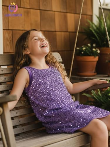 WELAKEN Girls' Sequin Dress A-Line Sleeveless Sparkly Gown Party Dresses with Faux Fur Trim4