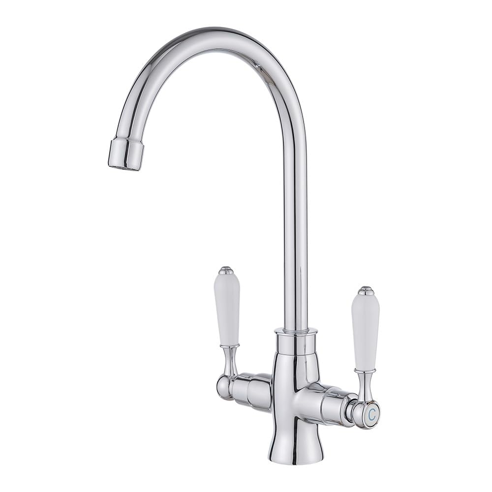– Kitchen Sink Mixer Tap Elegant White Ceramic Dual Lever Monobloc Swivel Spout Chrome Kitchen Taps with UK Standard Fittings