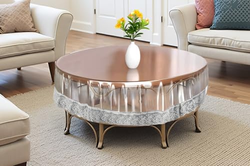 Image of The Furnishing Tree Round Shaped Center Transparent Table Cover WxL 36x36 inches 0.25 mm Thickness with Silver Lace