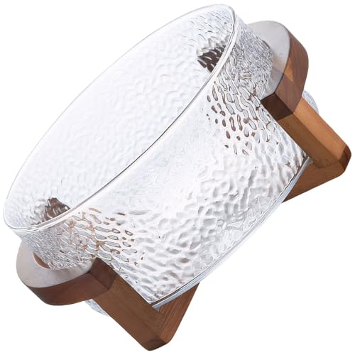 Glass Fruit Bowl with Wooden Stand Large Clear Serving Bowl for Snacks and Salad Modern Dishware Bowl with Base