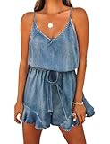 DEPENSL Womens Vintage Denim Romper Distressed Summer Spaghetti Strap V Neck Wide Leg Belted Short Jean Jumpsuit(Blue02, Large)