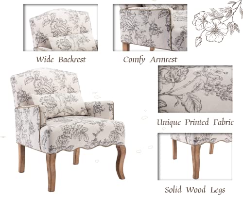 Shunzhi Linen Armchair Mid Century Modern Accent Chair Retro Upholstered Vintage Floral Side Chair Wood Comfy Reading Chair Farmhouse Oversize Chair For Living Room/Bedroom/Apartment, Beige #TOP3