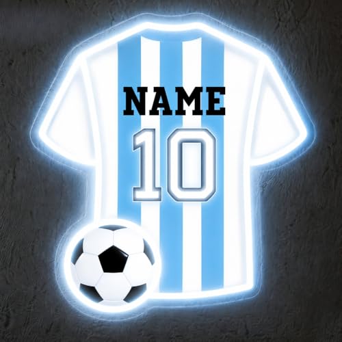 Image of Custom Soccer Jersey Neon Sign, Personalized Name Number world cup Football Jersey Neon Light with Soccer Ball, Customizable USB LED Wall Decor for Boys Bedroom, Game Room, Man Cave, Sports Bar, Fan Club, Party,Soccer Gifts