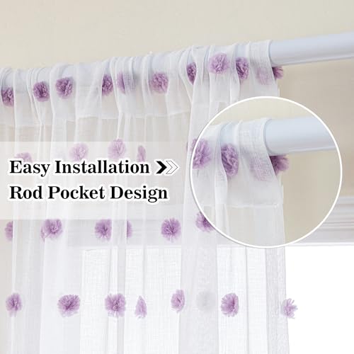 Image of MYSKY HOME Purple Pom Pom White Sheer Curtains for Bedroom 72 Inch 2 Panels | for Girls Room Baby Nursery, for Closet Doorway, Light Filtering, Rod Pocket, Semi Sheer White Window Drapes, 50 x 72 inch
