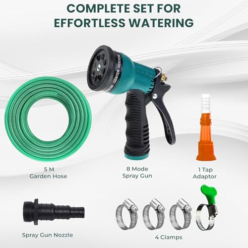 Image of Amazon Basics 5M, 0.5 Inch Braided PVC Garden Hose Pipe with 8 Pattern Spray Gun with 4 Clamps and tap Adaptor - Green | Heavy Duty Water Pipe for Garden, Car Washing, Garden Pipe for Home