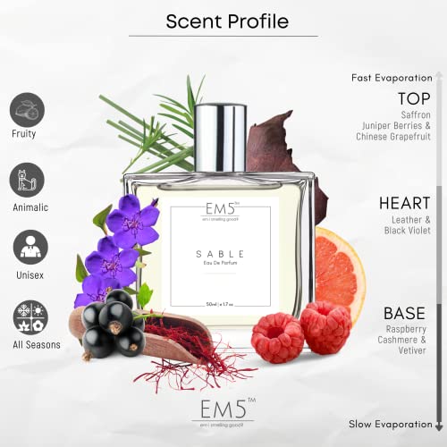 Image of EM5 Sable Unisex Perfume | Eau de Parfum | Spray for Men & Women | Strong and Long Lasting Fragrance | Fruity Leather Aromatic | Luxury Gift for Men /Women | 50 ml