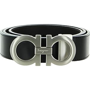 Salvatore Ferragamo Men’s Black Brown Leather Reversible Silver Buckle Belt with Sheen (100)