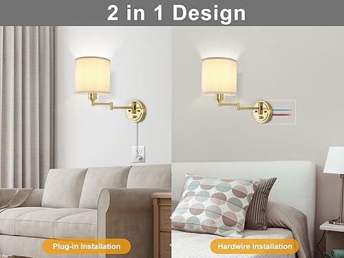 Image of Plug in Wall Sconces with Remote Control, Dimming 10%-100% & Adjustable Colors 2700K-6500K, Hardwire or Plug-in, Swing Arm Wall Lamp with White Fabric Shade, Wall Sconces Set of Two, Gold Finish