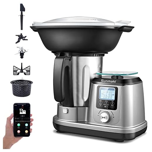 Procesador de alimentos con función de cocción, máximo 1200W Máquina de cocción Sunmaki,10 programas, robot de cocina multifuncional, control APP, báscula de cocina, incluye accesorios, pantalla LCD